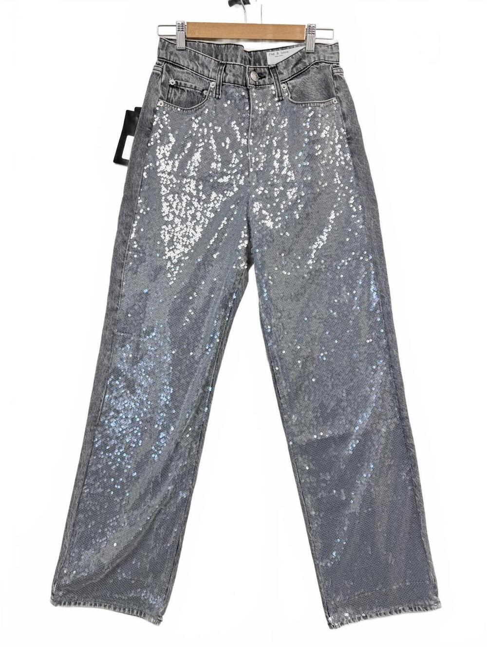 NWT Rag & Bone Shea High Rise Relaxed Straight Sequin Jeans Size 27 Gray $438